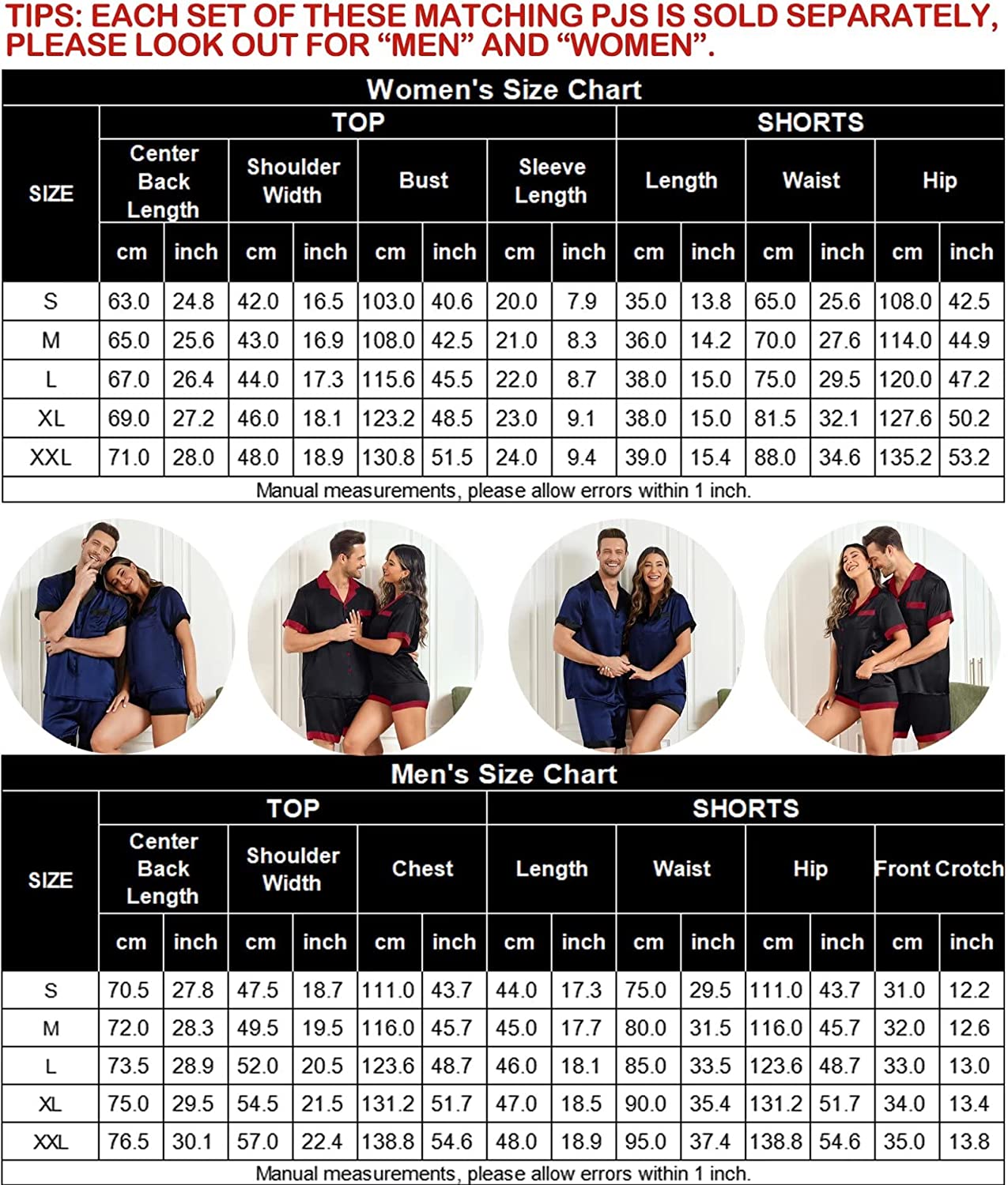 SWOMOG Couples Matching Pajama Set Silk Satin Short Sleeve Pjs Set Top and Shorts Sleepwear Soft Button-Down Loungewear - Image 6